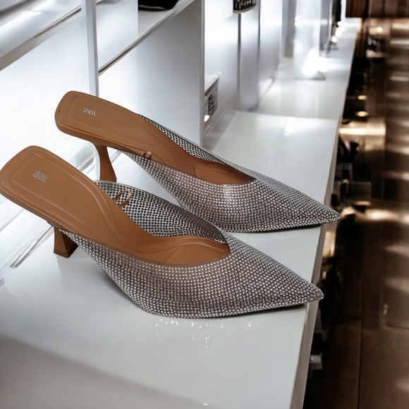 Zara Silver Rhinestone Crystal Studded Heels 9M - Picture 2 of 8